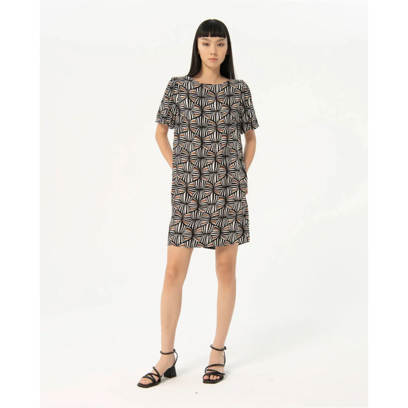 Vestido Surkana corto y recto crepe estampado negro
