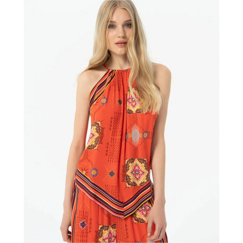 Top Surkana halter de bambula estampada Coral